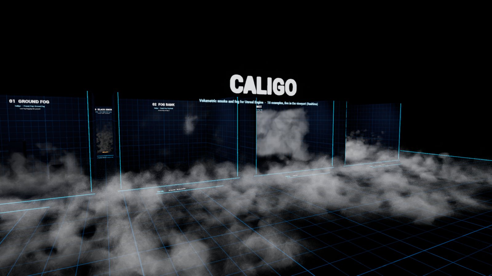 The Caligo sample level: rows of numbered booths filled with fog and smoke