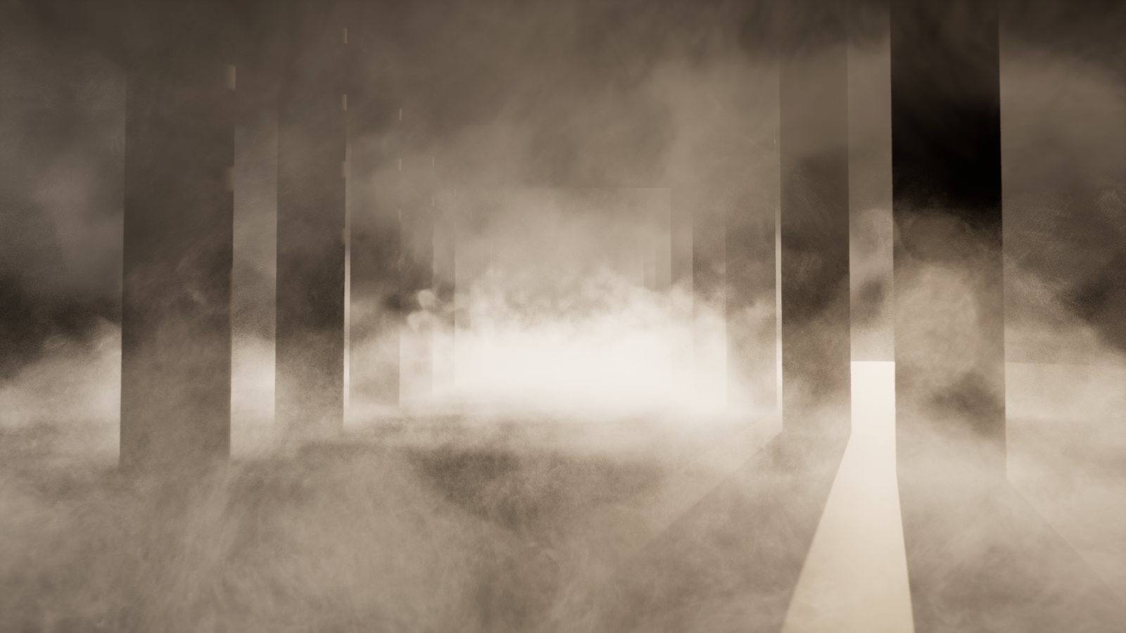 A stone colonnade in thick ground fog, lit by a low sun behind the columns