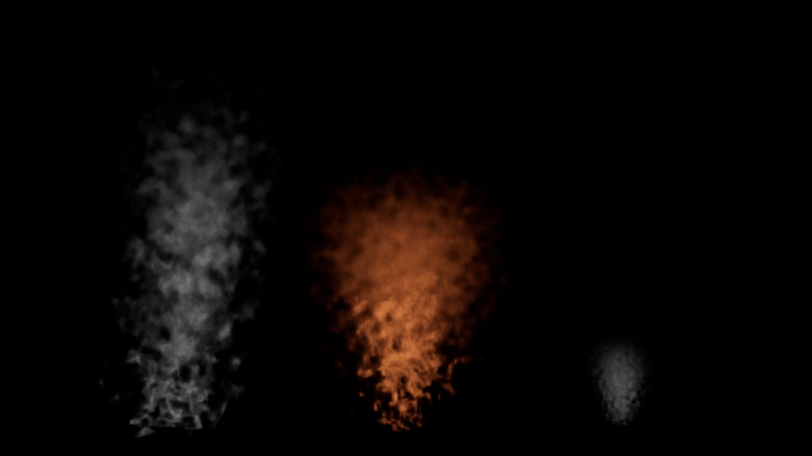A grey plume and a fire-lit plume rising on black