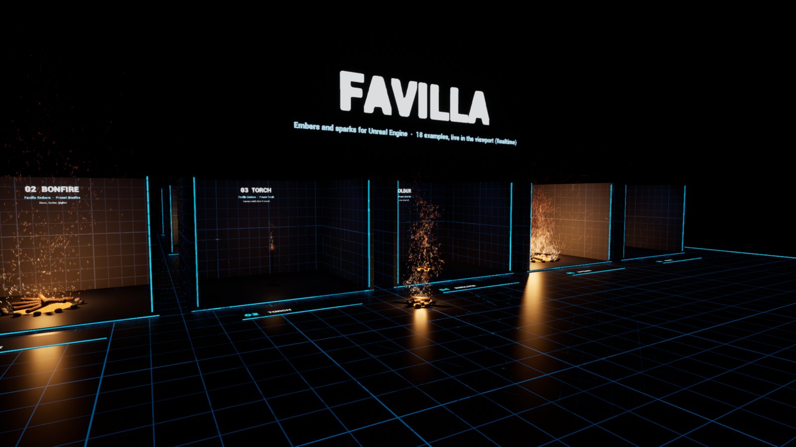 The Favilla sample level: rows of numbered booths with fires and sparks
