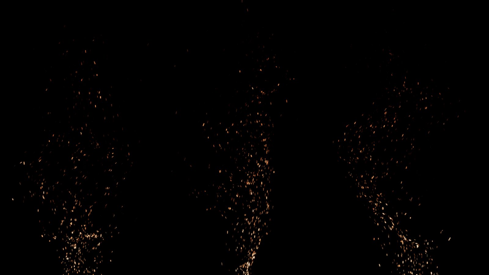 Three campfires on black, embers rising and swirling