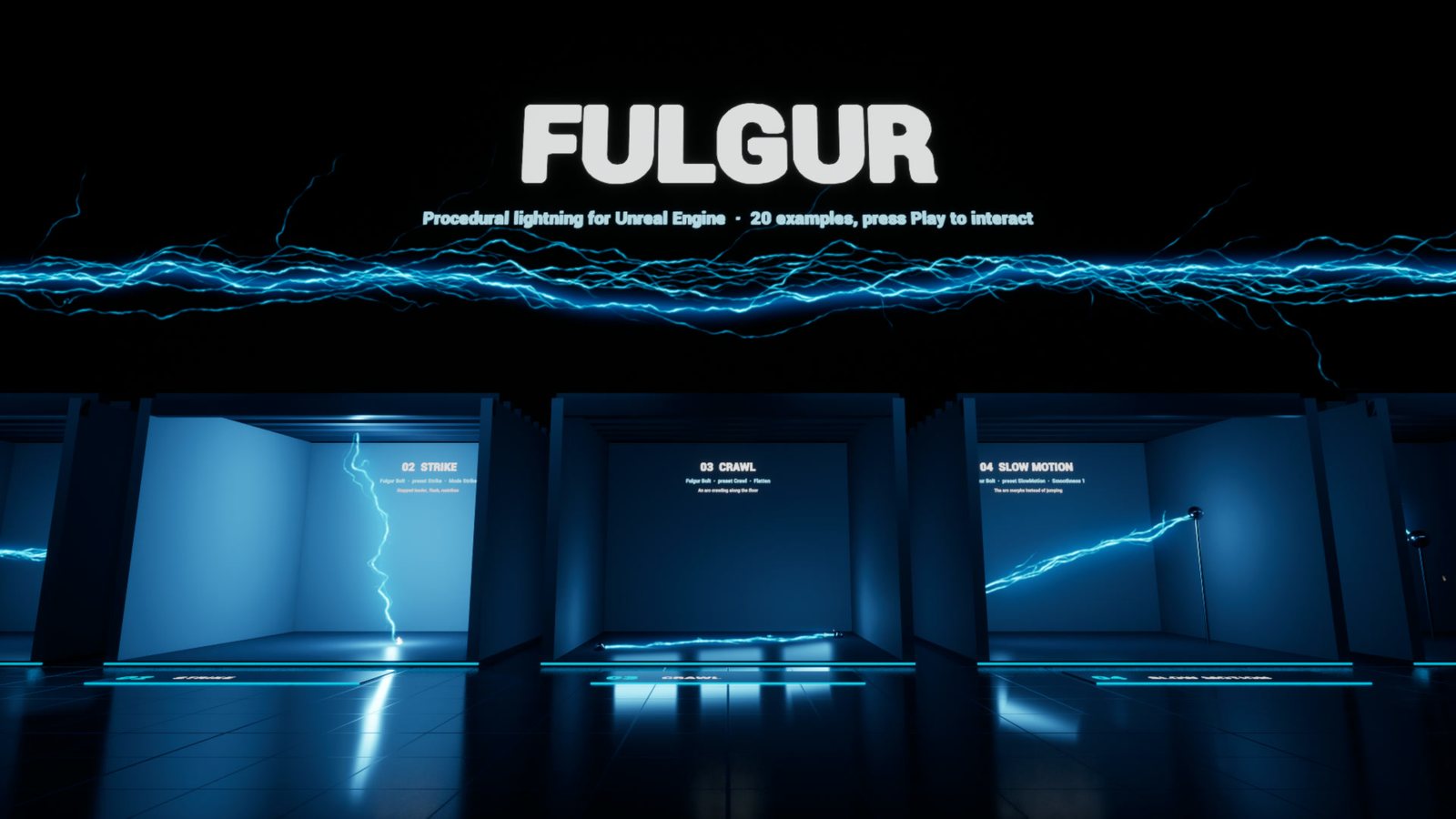 The Fulgur sample level: a lightning beam under the Fulgur title, above a row of numbered booths