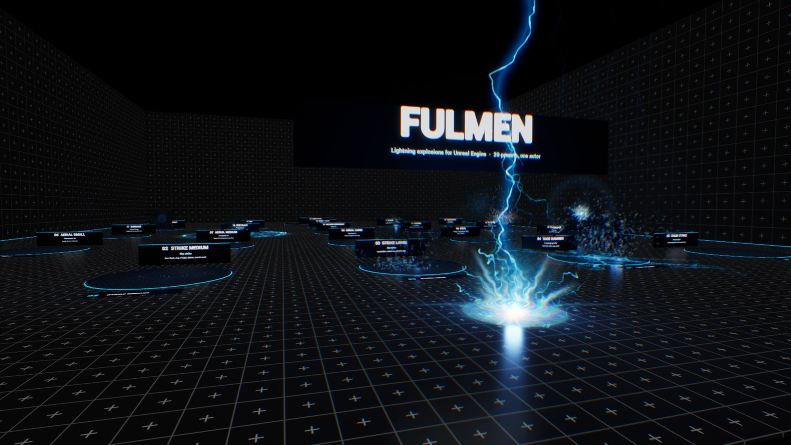 The Fulmen sample level: a dark grid hall with numbered booths, a lightning strike hitting one of them