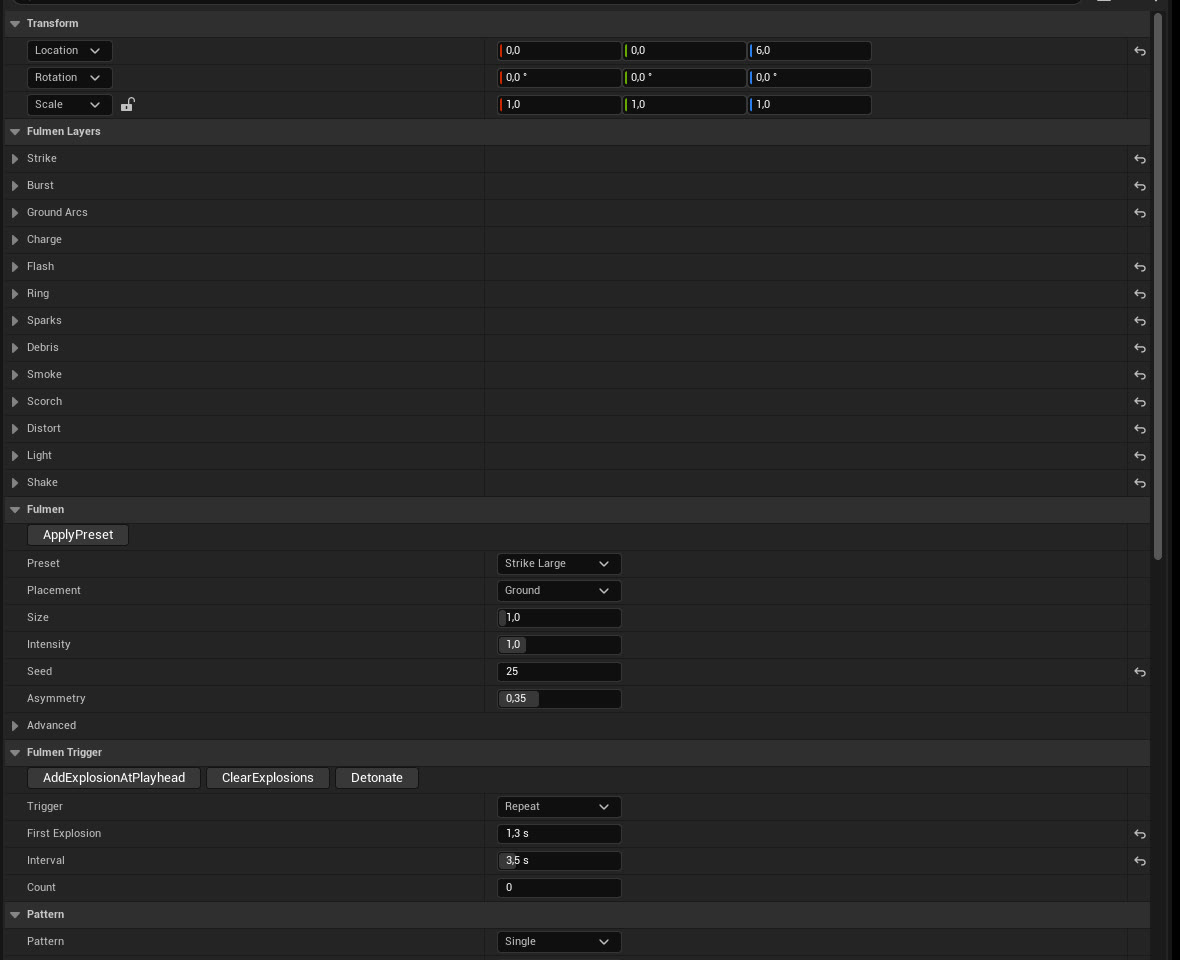 The Details panel of a Fulmen Explosion: Preset menu, Size, Intensity, Seed, Asymmetry, the Detonate and Add Explosion At Playhead buttons, and the 13 layers