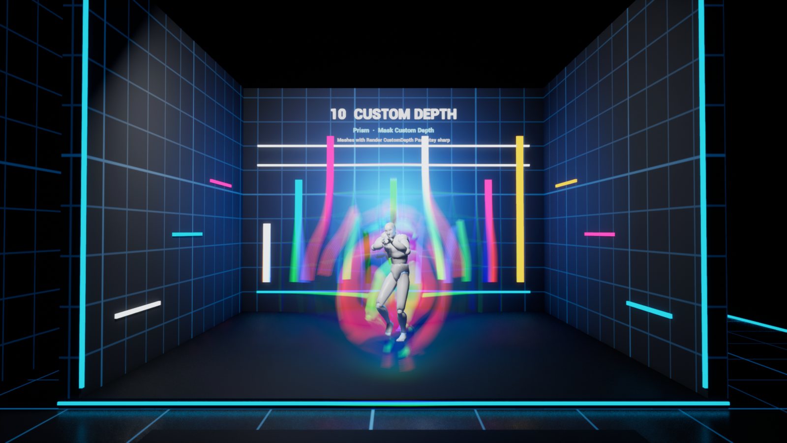 Custom Depth mask: the mannequin stays sharp inside a rainbow wave