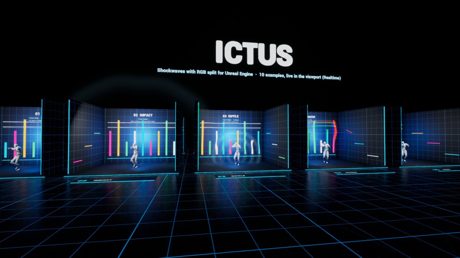 The Ictus sample level: shockwaves bending the neon backdrops of a row of numbered booths