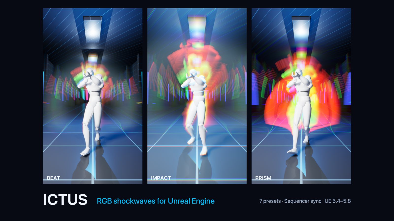 Three vertical frames: Beat, Impact and Prism shockwaves behind a walking mannequin