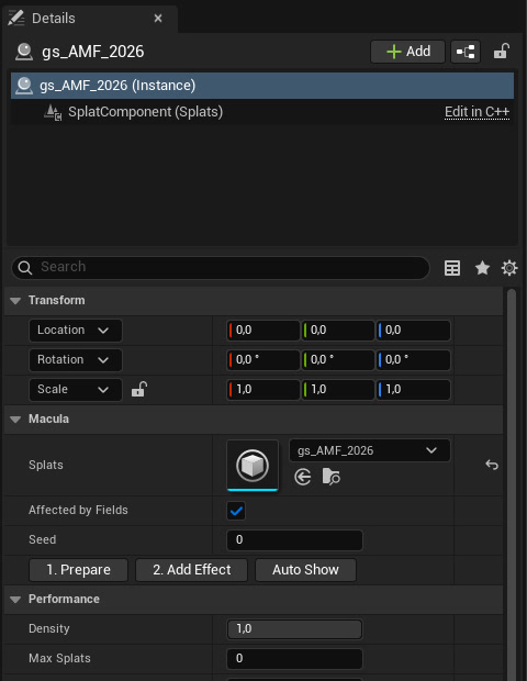 The Details panel of the scan: Transform, then the Macula category with Splats, Affected by Fields, Seed and three buttons: 1. Prepare, 2. Add Effect, Auto Show