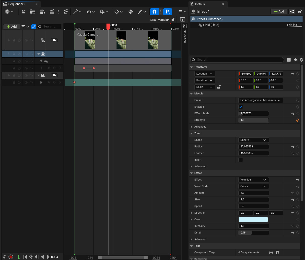 Sequencer with the Effect 1 track and two Strength keys, and the Details panel of Effect 1: Preset Pin Art, Effect Scale 1.66, Strength keyed, Zone Sphere with Radius 91 and Feather 45, Effect Voxelize Cubes