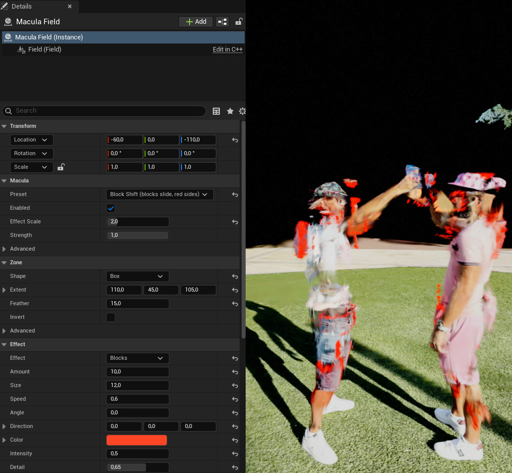 The Details panel of a Macula Field: Preset Block Shift, Effect Scale, Strength, then Zone (Shape Box, Extent, Feather, Invert) and Effect (Blocks, Amount, Size, Speed, Angle, Direction, Color, Intensity, Detail). Next to it, the render: the two people break into offset blocks with red sides