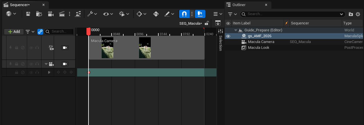 Sequencer with the new SEQ_Macula sequence and its Macula Camera cut, and the Outliner with the scan, Macula Camera and Macula Look