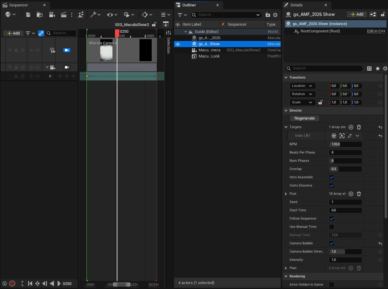 Sequencer with the show sequence and its camera cut, the Outliner with the scan, the Show director, Macula Camera and Macula Look, and the Details panel of the Director: BPM, Beats Per Phase, Num Phases, Overlap, Intro Assemble, Outro Dissolve, Pool, Seed, Camera Bubble, Intensity