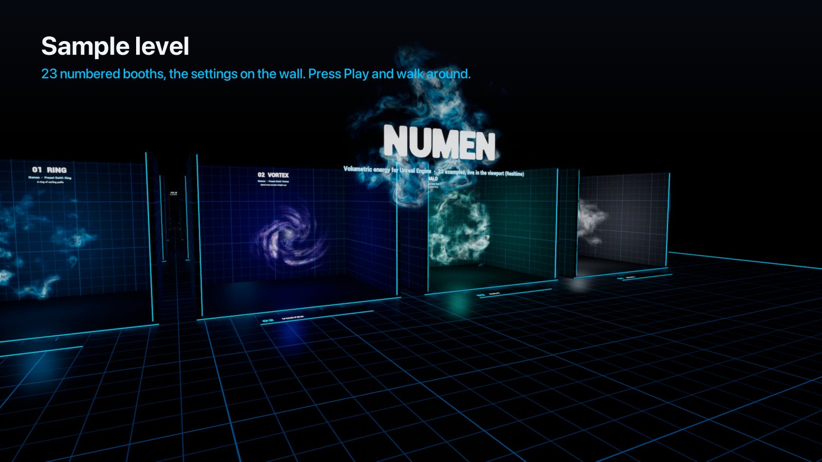 The Numen sample level: rows of numbered booths, each with an energy effect