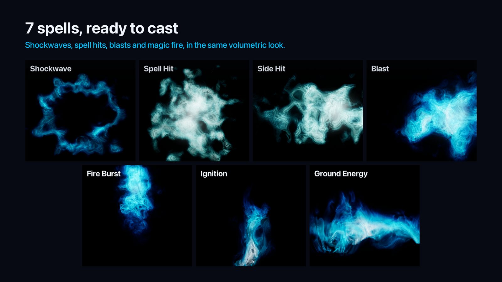 The seven spells: shockwave, spell hit, side hit, blast, fire burst, ignition and ground energy