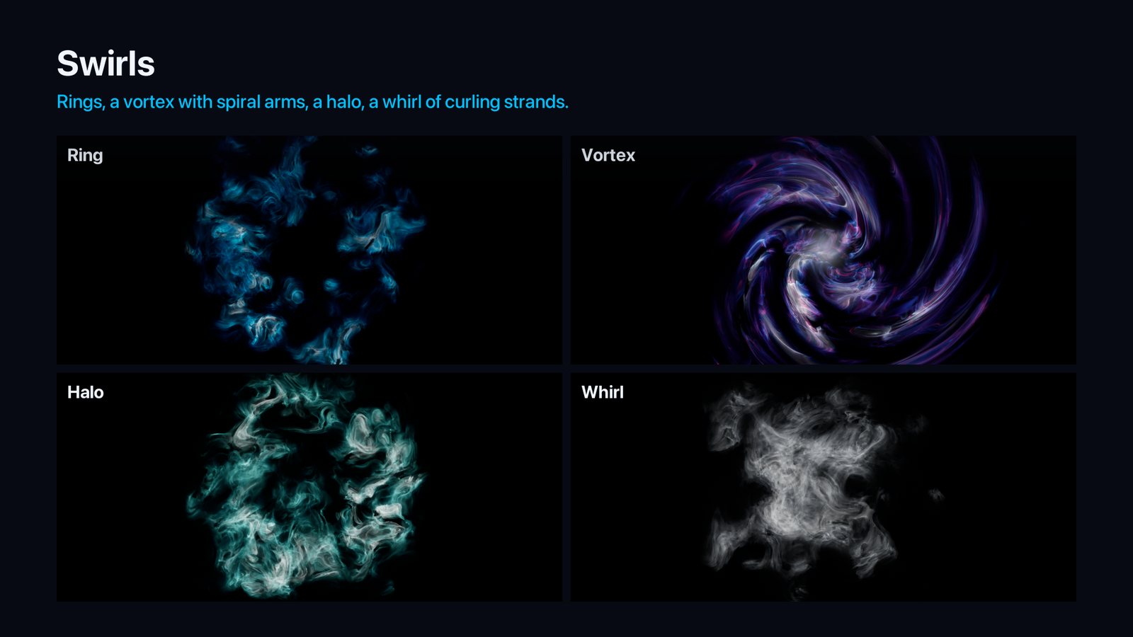Ring, Vortex, Halo and Whirl